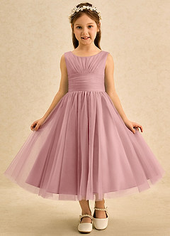 Azazie Macaron Flower Girl Dresses Dusty Rose A-Line Pleated Tulle Dress image3