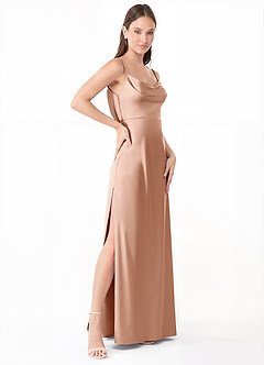 Azazie Alaija Jurken voor bruidsmeisjes Jurk van Stretch Satijn met Zeemeermin Zijsplit Rosé Goud image3