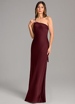 Azazie Monroe Bridesmaid Dresses Cabernet Mermaid One Shoulder Stretch Satin Dress image1