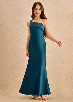Azazie Almond Girls Formal Sukienki dla dziewczynek sypiących kwiaty Osłona Jedno ramię Satyna elastyczna Długość podłogi Sukienka image6
