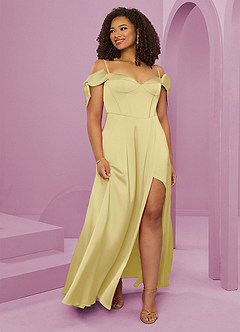 Barbie ♥ Azazie Brautjungfernkleider A-Linie Schulterfrei Stretch-Satin Kleid Zitronensorbet image10