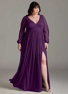 Azazie Norah Bridesmaid Dresses Grape A-Line V-Neck Long Sleeve Chiffon Dress image9