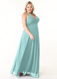 Azazie Tessie Vestidos de damas de honor Vestido de Aqua de Gasa de Corte en A con Cuello en V plisado image8