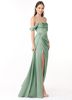 Azazie Amyra At-home Try On Dresses Agave Sheath Off the Shoulder Stretch Satin Convertible Dress image7