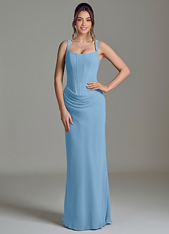 Azazie Niamh Vestidos de damas de honor Vestido de Azul Acero de Gasa de Corte Sirena con Corsé image1