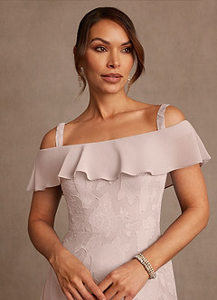 Azazie Marina Mother of the Bride Dresses Blushing Pink A-Line Off the Shoulder Floral Burnout Dress image4