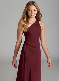 Azazie Maron Junior Cabernet A-Line Pleated Stretch Satin Dress image3