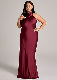 Azazie Velli Robes de demoiselle d'honneur Robe Sirène en Satin extensible Col haut Bourgogne image9