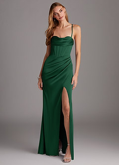 Azazie Brookelle Bridesmaid Dresses Dark Green Sheath Sweetheart Corset Stretch Satin Dress image4