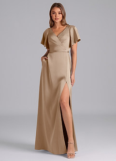 Azazie Ambrosia Bridesmaid Dresses Taupe A-Line Pleated Stretch Satin Dress image6