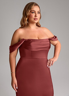 Azazie Saige Bridesmaid Dresses Terracotta Sheath Off the Shoulder Stretch Satin Dress image14