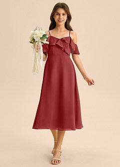 Azazie Kamilla Junior Abito A-Line in Chiffon a Spalla Scoperta Ruggine image4