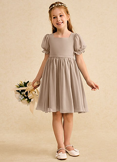 Azazie Jolie Flower Girl Dresses Taupe A-Line with Sleeves Chiffon Dress image4