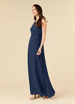 Azazie Marchioness Abiti per la Madre della Sposa Abito A-Line in Chiffon con Scollo a U a Pieghe Marino Scuro image3