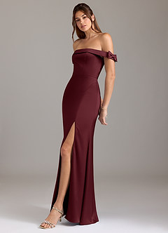 Azazie Zayla Bridesmaid Dresses Cabernet A-Line Off the Shoulder Stretch Satin Convertible Dress image4