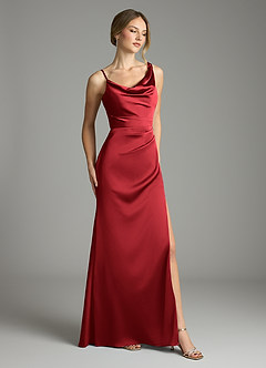 Azazie Samara Robes de demoiselle d'honneur Robe Sirène en Satin extensible Plissée Écarlate image4