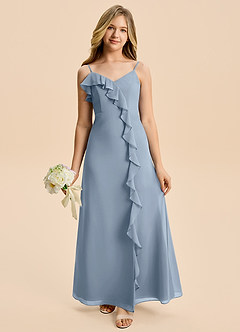 Azazie Iris Junior Dusty Blue A-Line Ruched Chiffon Dress image3