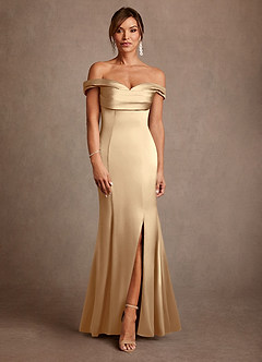 Azazie Boone Mother of the Bride Dresses Champagne Mermaid Off the Shoulder Stretch Satin Dress image2