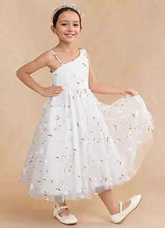 Azazie Ivilia Flower Girl Dresses Ivory A-Line One Shoulder Tulle Dress image4