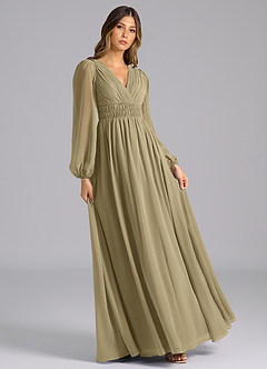 Azazie Palerma Brautjungfernkleider A-Linie Langarm Chiffon Kleid Moosgrün image4