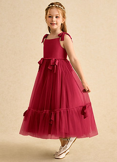 Azazie Jaci Blumenmädchenkleider A-Linie Spaghetti Riemen Chiffon Kleid Scharlachrot image1
