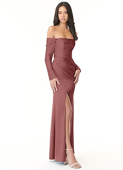 Azazie Hallie Vestidos de damas de honor Vestido de Amatista de Satén Elástico de Corte Recto Convertible con Manga larga con hombros descubiertos image5