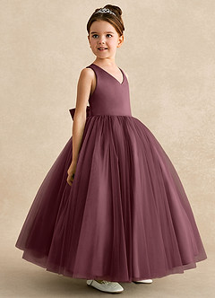 Azazie Peanut Robe Demoiselle D'honneur Fillette Robe Trapèze en Tulle Bretelle Sangria image2