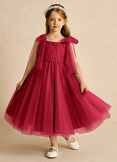 Azazie Dori Robe Demoiselle D'honneur Fillette Robe Trapèze en Tulle Rayé Écarlate image2