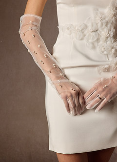 front Pearl Embellished Tulle Opera Gloves