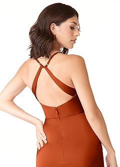 Azazie Geanna Bridesmaid Dresses Paprika Sheath V-Neck Pleated Stretch Satin Dress image6