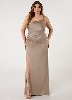 Azazie Eren Bridesmaid Dresses Taupe Mermaid One Shoulder Stretch Satin Dress image6