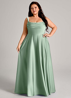Azazie Shaude Bridesmaid Dresses Agave A-Line Pleated Stretch Satin Dress image12