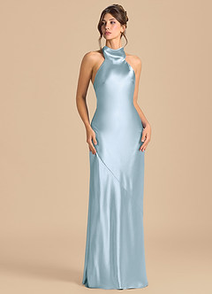 Azazie Velli 신부 들러리 드레스 쉬스 하이넥 메탈릭 새틴 바닥 길이 드레스 image2