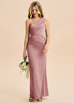 Azazie Akilah Junior Dusty Rose Sheath Pleated Stretch Satin Dress image3