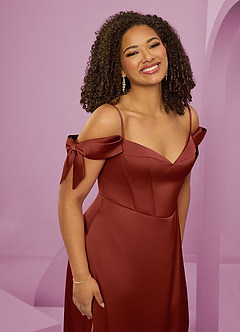 Barbie ♥ Azazie Bridesmaid Dresses Terracotta A-Line Off the Shoulder Stretch Satin Dress image14