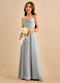 Azazie Chamomile Girls Formal Robe Demoiselle D'honneur Fillette Robe Trapèze en Satin extensible Plissée Argent image3