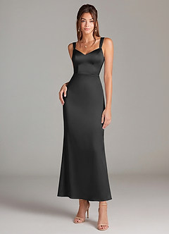 Azazie Denice Bridesmaid Dresses Black Sheath Pleated Stretch Satin Dress image3