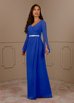 Azazie Belinda vestidos de madre de la novia Vestido de Azul Real de Gasa de Corte En A con Cuello en V Plisado image1