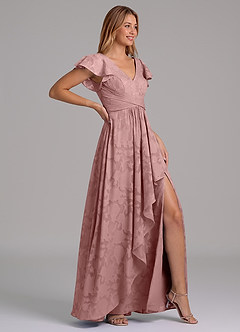 Azazie Omari 신부 들러리 드레스 A라인 주름진 플로럴 번아웃 바닥 길이 드레스 image6