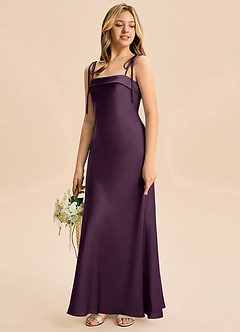 Azazie Willa Junior Vestido de Ciruela de Satén Elástico de Corte en A con Lazo image5