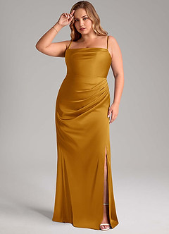 Azazie Leonis Bridesmaid Dresses Butterscotch Mermaid Pleated Stretch Satin Convertible Dress image11