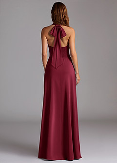 Azazie Myra Bridesmaid Dresses Burgundy A-Line High Neck Stretch Satin Dress image6