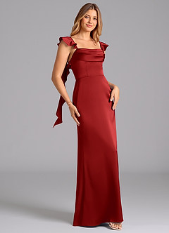 Azazie Adi Bridesmaid Dresses Pomegranate A-Line Pleated Stretch Satin Dress image3