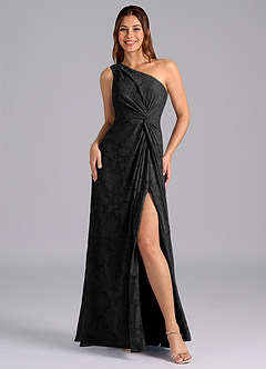 Azazie Brooke Bridesmaid Dresses Black A-Line One Shoulder Floral Burnout Dress image4