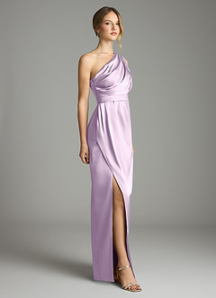 Azazie Emorie Bridesmaid Dresses Frosted Lilac Sheath One Shoulder Stretch Satin Dress image4