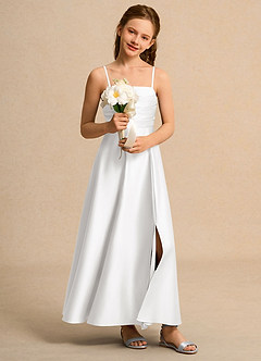 Azazie Pebbles Girls Formal Blumenmädchenkleider A-Linie Plissee Matte Satin Kleid Weiß image6
