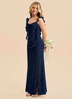 Azazie Jessamine Junior Robe Sirène en Floral Burnout Décolleté en cœur Bleu Marine Foncé image3