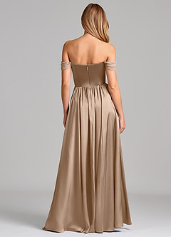 Azazie Raisa Bridesmaid Dresses Taupe A-Line Off the Shoulder Stretch Satin Dress image5