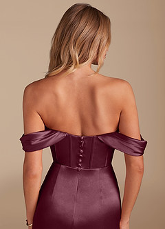 Azazie Asha Bridesmaid Dresses Cabernet Sheath Off the Shoulder Metallic Satin Dress image6