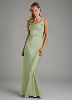 Azazie Elena At-home Try On Dresses Dusty Sage Mermaid Pleated Stretch Satin Dress image1